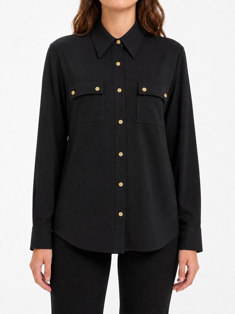 Ellen Tracy Women's Black Button Front Long Sleeve Blouse Gold Buttons L Career